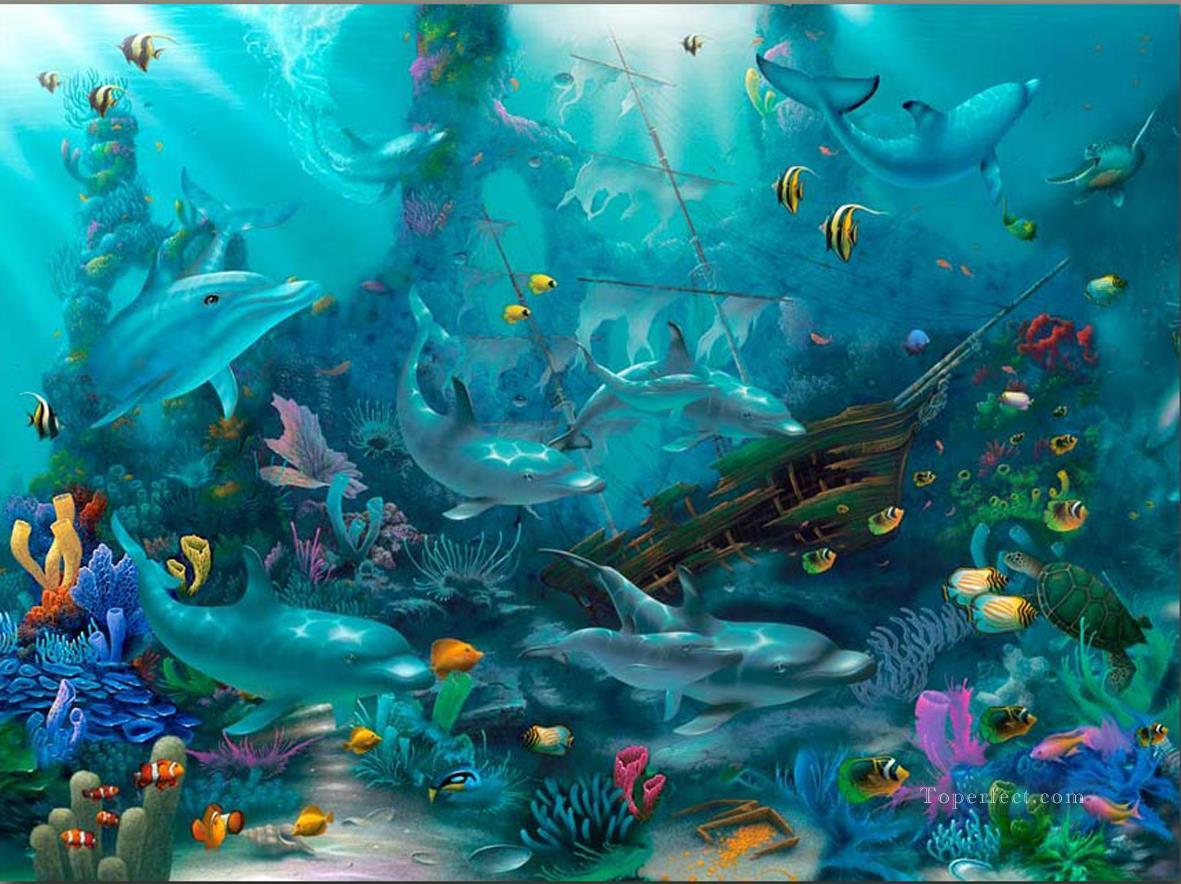 Dolphin Treasures Monde sous marin Peintures à l'huile